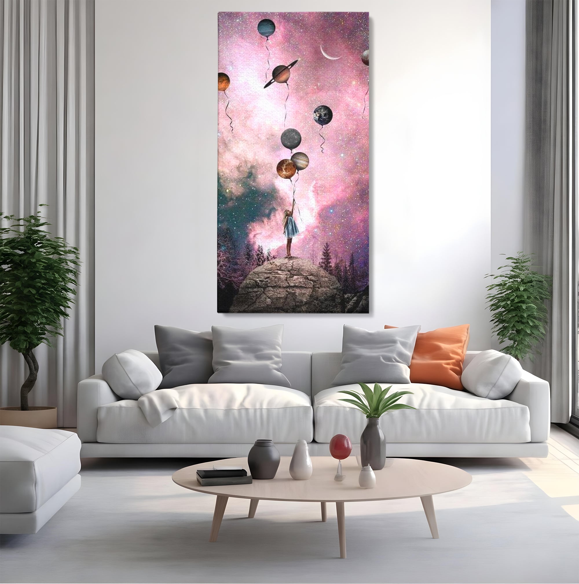 Tablou canvas cu ilustratie fetita tinand baloane planete, fara rama, pe sasiu de lemn, pe perete intr-un living